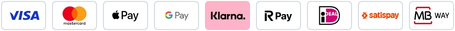 Visa, Mastercard, Apple Pay, Google Pay, Klarna, Revolut Pay, iDEAL, Satispay, MB WAY