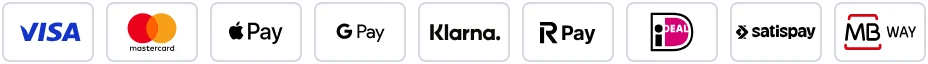 Visa, Mastercard, Apple Pay, Google Pay, Klarna, Revolut Pay, iDEAL, Satispay, MB WAY